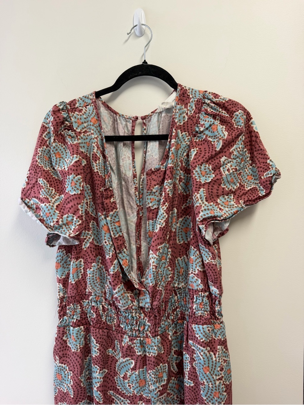 Anthropologie Women’s L Burgundy/Blue Floral Smocked Tie V-Neck long romper